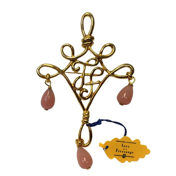 Ines de la Fressange Gold IF Pink Cabochon Brooch - Picture 1 of 4